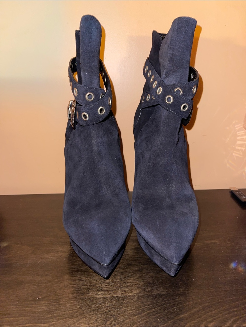 YSL Women’s Pointed-Toe Suede Ankle Boots in Navy